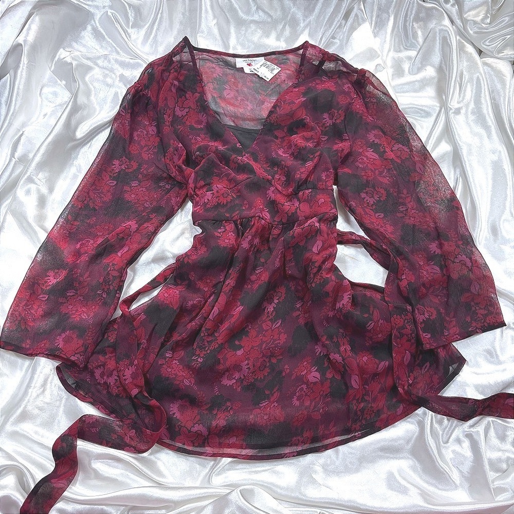 y2k Blouse Red NWT Two Hearts Maternity Floral Sheer Bell Sleeve Empire Waist